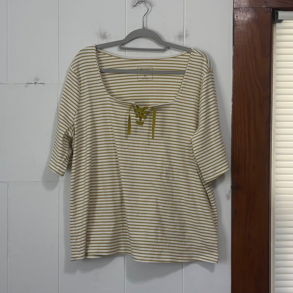 Candace Cameron Bure Mustard Yellow Striped Lace‎ Up Square Neck Top 2X Womens